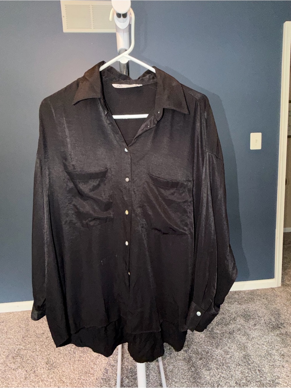 Zara Classic Black Satin Button-Down Shirt
